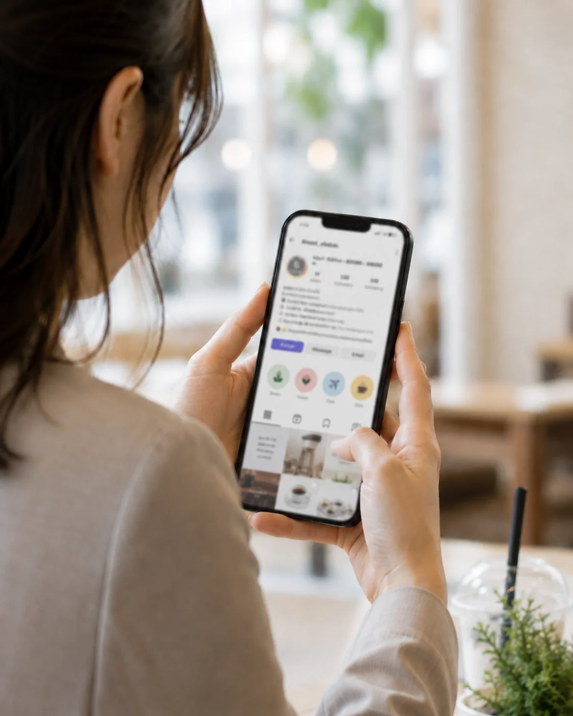 スマートフォンを肩越しに眺める人物（SNSで企業情報に出会う瞬間）